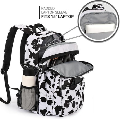 ZORFIN 26L Backpack for College, and Travel: Water Resistant Bookbag - Cow Print Black