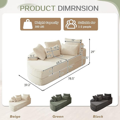 Antetek Chaise Lounge Chair Indoor, Convertible Folding Futon Sofa Bed w/ 5 Pillows, Fluffy Corduroy Boneless Compressed Memory Foam Couch for Living Room, Bedroom (Beige, Left Half)