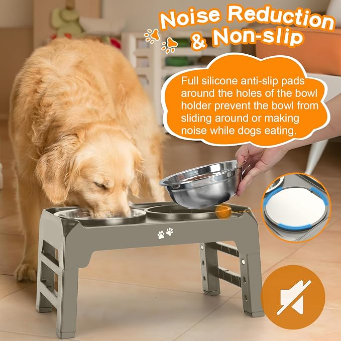 Elevated Bowls, 4 Height Adjustable Raised Stand With 2 Thick 50oz Stainless Steel Food Bowls, Non-Slip Feeder for Dogs, Adjusts to 3.7", 9.2", 10.75", 12.36" Light Brownish Gray