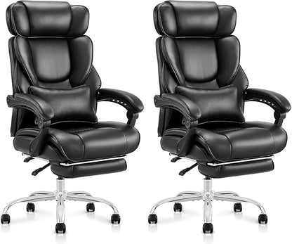 COLAMY Office Chair with Retractable Footrest, Ergonomic High Back Design Executive Computer Desk Chair with Removable Lumbar Pillow, 90-135°Reclining, Thick Bonded Leather, 2 PCs, Black