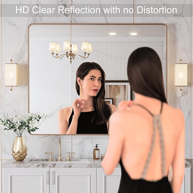 LOAAO 40"X32" Gold Bathroom Mirror, Rounded Rectangle Gold Frame Mirror