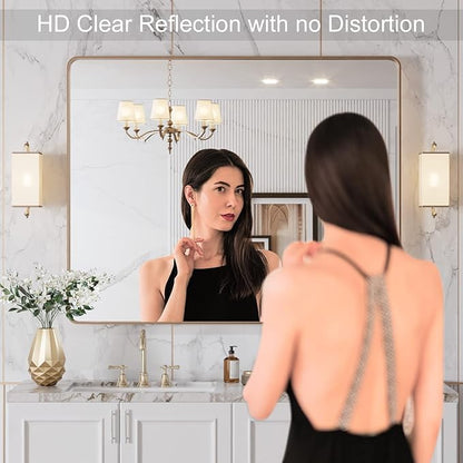 LOAAO 40”X36” Gold Bathroom Mirror, Rounded Rectangle Gold Frame Mirror