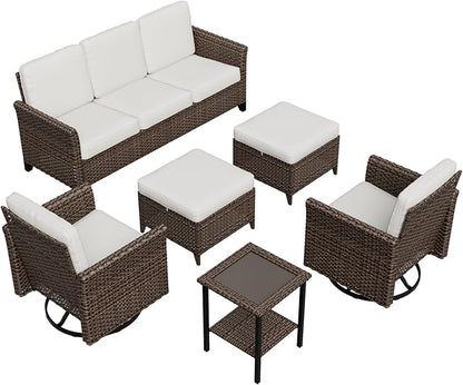 COOS BAY Harbor Retreat 6 Piece Outdoor Furniture Set, Patio Conversation Set with Swivel Rocking Chairs, 3 Seat Couch, Side Table and Ottomans, Wicker Furniture, Brown/Beige