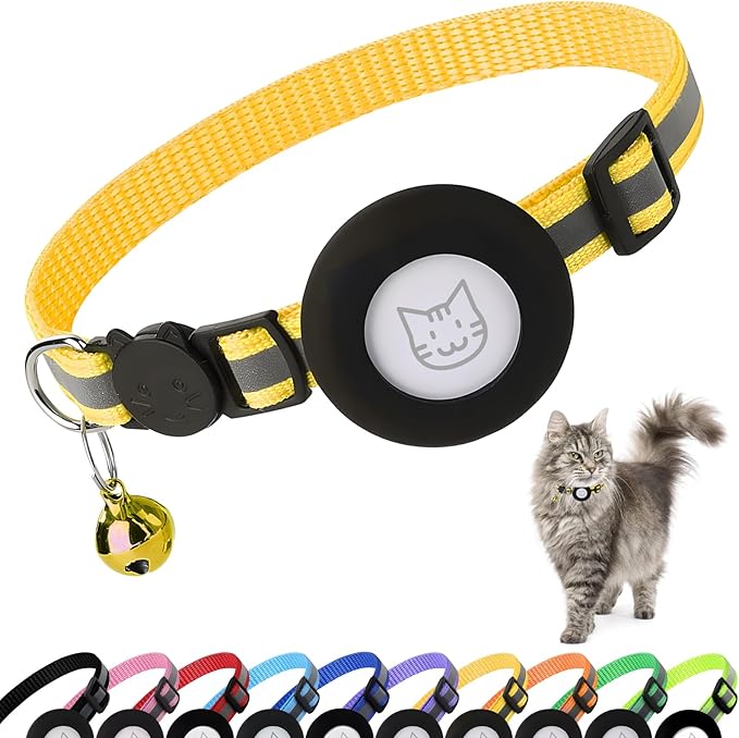 Airtag Cat Collar with Bell, Reflective Nylon Kitten Collar with Apple Air Tag Holder and Breakaway Safety Buckle for Puppy Girl Boy Cats, 3/8" in Width and Lightweight, Yellow
