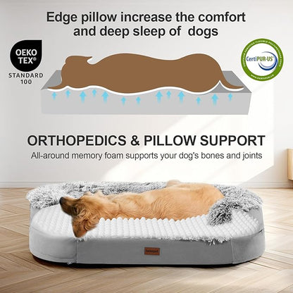 iweepet Fluffy Calming Orthopedic Dog Beds for Medium & Large Dogs, Supportive Dog Sofa Bed with 3.7 inch 28D Egg-Crate Foam, Removable Washable Plush Cover, Waterproof Lining, 41'',Grey