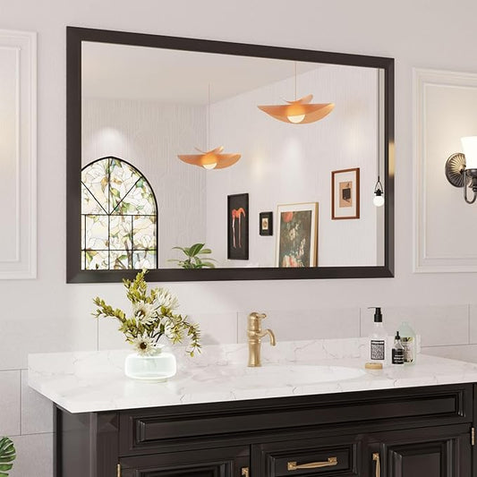 Amorho Bathroom Mirror Black, 60x40 Inch Thick Metal Framed Wall Mirrors
