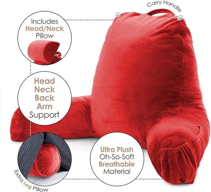 Nestl Reading Pillow with Shredded Memory Foam Includes 2 Neck and Lumber Support Pillows, Designed for Sitting Up in Bed and Couch, Back and Arms Adjustable Support for Adult & Teens, Red