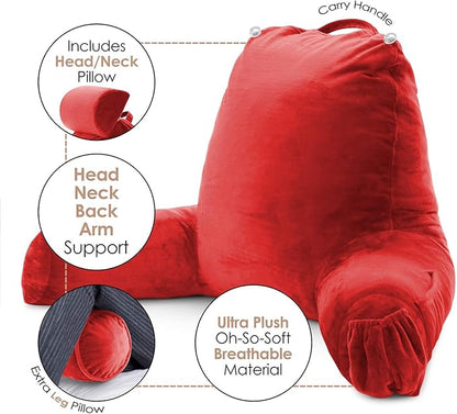 Nestl Reading Pillow with Shredded Memory Foam Includes 2 Neck and Lumber Support Pillows, Designed for Sitting Up in Bed and Couch, Back and Arms Adjustable Support for Adult & Teens, Red