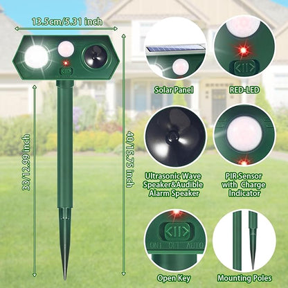 2 Pack Upgraded Solar Ultrasonic Animal Repellent Outdoor Sonic Deer Repellent Devices with Motion Sensor & Flashing Light Effective Cat, Squirrel, Raccoon, Rabbit Deterrent for Yard, Garden