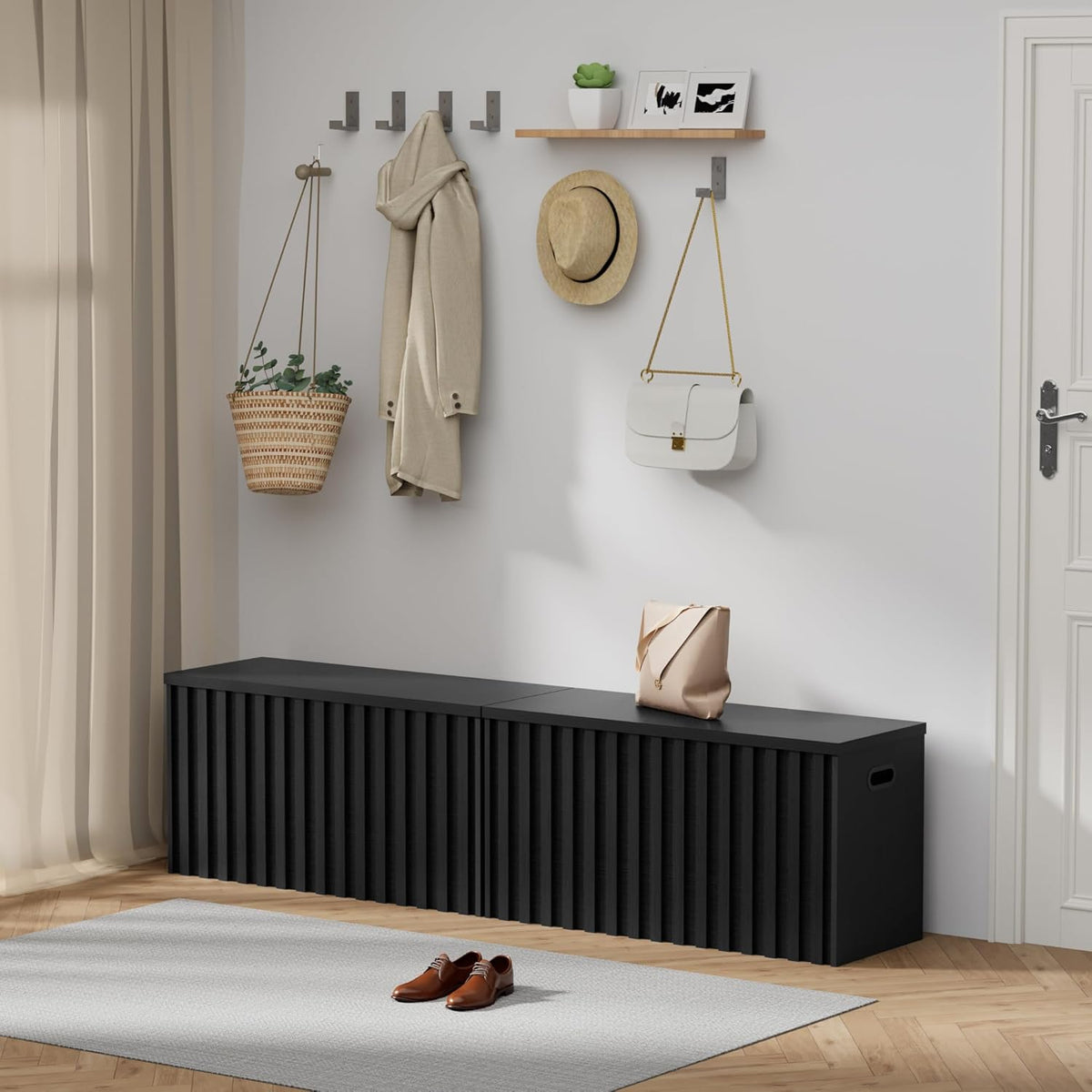 UEV Black Storage Bench Set of 2, 39.4" Fluted Wood Storage Trunk with 2 Safety Hinges, Sturdy Storage Chest, Storage Bench for Bedroom,Entryway, Living Room