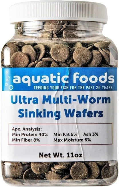 Aquatic Foods Inc. Ultra Multi-Worm 12mm - 1/2" Small Sinking Wafers for Bottom Fish, Shrimp, Snails, Crabs, Crayfish, All Tropical Fish...11oz Small Jar