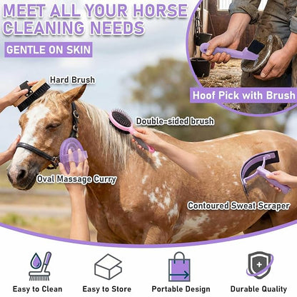 Cunhill 9 Pcs Horse Grooming Kit Tack Room Supplies Set with Tote Bag, Oval Massage Curry, Hard and Soft Brush, Hoof Pick, Sweat Scraper, Bathing Sponge, Comb for Horse Rider(Classic,Purple)