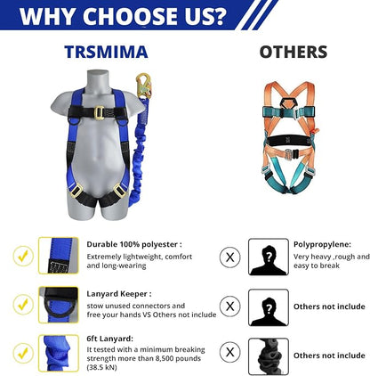 TRSMIMA Safety Harness Fall Protection - Full Body Construction Roofing Harness Kit Attached 6 ft Lanyard ANSI | Full Body Construction Safety Harnesses Roofing Attached 6 ft Lanyard ANSI