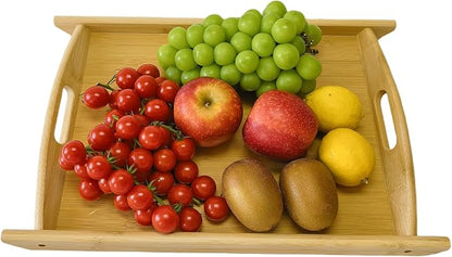 Bamboo Serving Tray Rectangle Platter Breakfast Dinner Food Bed Tray for Eating Kitchen Restaurants (1, 17.3" x 11.8" x 1.2" (with Handle))