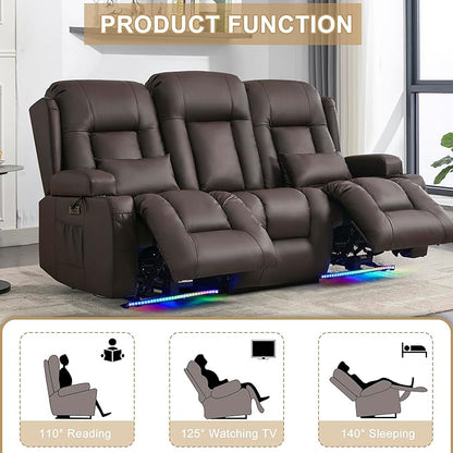 URRED Loveseat Recliner Sofa with Massage and Heat, Flip Middle Backrest Design 3 Seat Power Reclining RV Sofa Couch, Home Theater Seating with LED Lights, USB Ports, Outlets, Faux Leather, Dark Brown