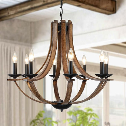 Rustic Farmhouse Dining Room Chandelier Light Fixture, 8-Light 28" Adjustable Chandelier for Kitchen Island, Living Room, Foyer, Staircase, Restaurant, Showroom, Villa, Faux Walnut