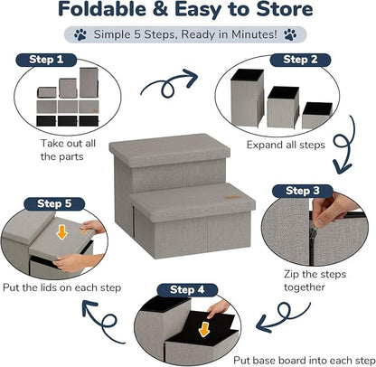 2-Step Wide Dog Stairs with Storage 11" H, Non-Slip Sturdy Pet Steps for Couch Chair, Dog Steps for Small/Medium Old Dogs, Cats, Rabbits Up to 150lbs, Foldable Cat Puppy Stairs for Car, Grey