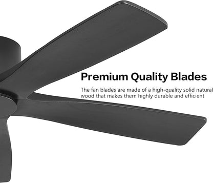 WINGBO 54" Flush Mount DC Ceiling Fans Without Lights, 5 Carved Solid Wood