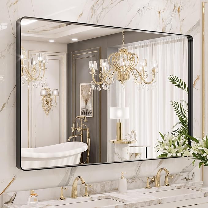 LOAAO 48X40 Inch Black Metal Framed Bathroom Mirror