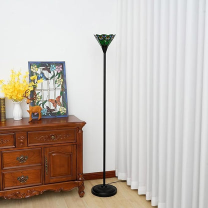 Tiffany Torchiere Floor Lamp Green Peacock Tail Style Stained Glass Floor Light Antique Tall Standing Lamp Handcrafted Pole Reading Uplight Lamp for Home Office Living Room