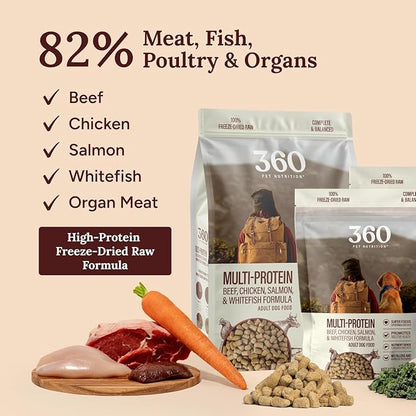 360 Pet Nutrition Freeze-Dried Raw Dog Food – Multi-Protein with Beef, Chicken, Fish, Liver & Organs, High Protein Omega-3s Fruits Veggies & Superfoods Grain-Free, No Fillers, 6 x 5 oz – Made in USA