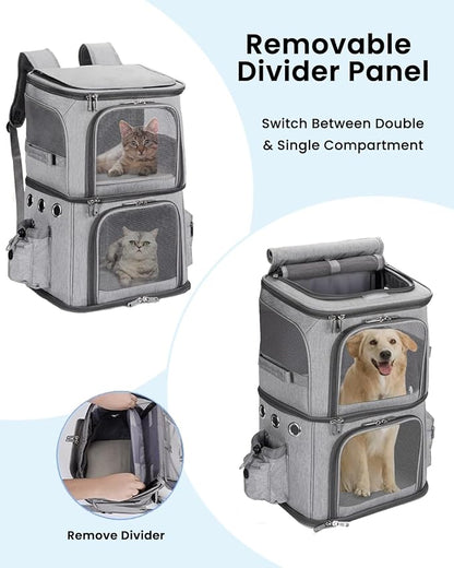 HOVONO Double-Compartment Cat Backpack Carrier for Mulit-Cat Families | Extra Large Pet Backpack Carrier for 2 Cats with Removable Divider and Breathable Mesh Windows for Hiking/Camping/Vet Visits