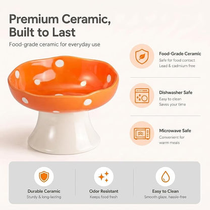Orange Mushroom Cat Bowl, Elevated Ceramic Bowl for Cats | Elevated, Ceramic, Whisker Friendly, Anti Vomitin,Cute Mushroom Design