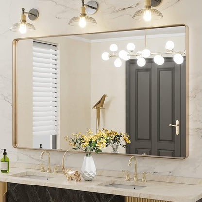 LOAAO 60”X36” Gold Bathroom Mirror, Rounded Rectangle Gold Frame Mirror