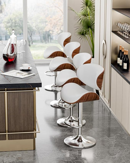 Aowos Bar Stools Set of 2, Adjustable Swivel Leather Bar Stools for Kitchen Island, Mid Century Modern Counter Height Bar Chairs Barstools with Back & Footrest (White)