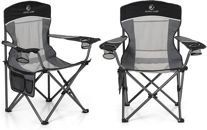 LET'S CAMP 2 Pack Mesh Back Camping Chair Portable Folding Heavy Duty Outdoor Chair Support 330 LBS Durable Large Arm Chair with Cup Holder and Carry Bag for Camp, Fishing, Hiking, Black