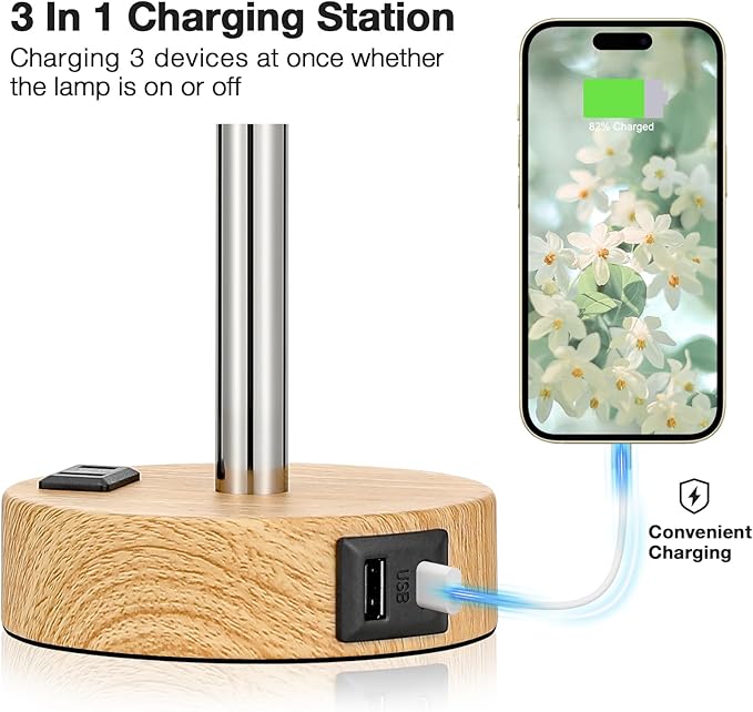 Fenmzee Floral Touch Lamp for Bedroom- 3 Way Dimmable Bedside Lamp USB C A Charging Ports and AC Outlet, Small Table Lamp Floral Linen Lampshade for Gift, LED Bulb Included
