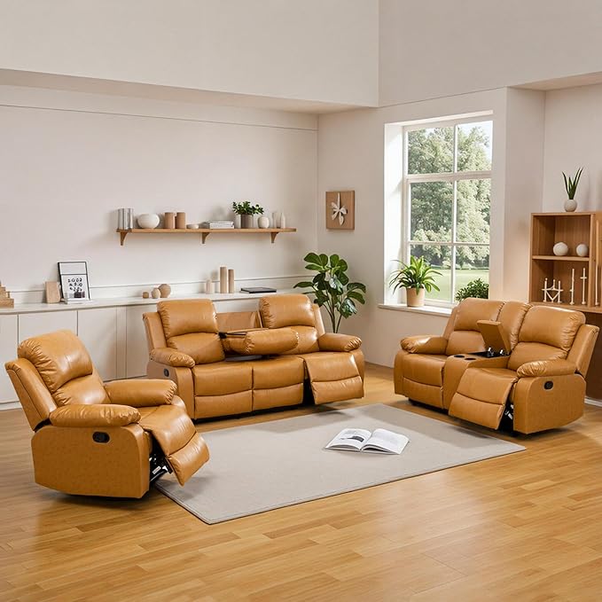Caberryne Leather Recliner Sofa Set，Leather Reclining Couch for Living Room Furniture Sets，Ginger Recliner Couch with 5 Recliners for Living Room/Office/Theater Seating(Sofa Set 3 Pieces)