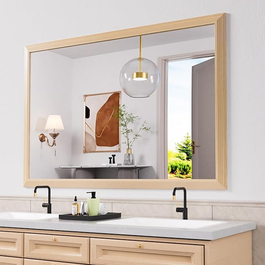 Amorho Bathroom Mirror, 60 X40 Inch Wall Mirror, Oak Wood Grain Metal Framed