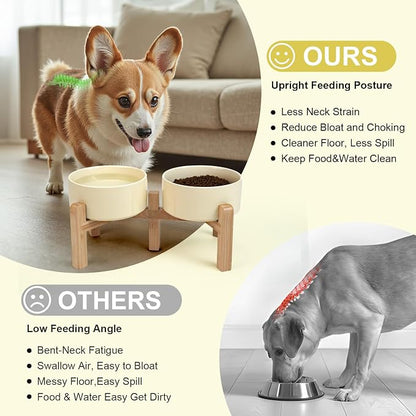SPUNKYJUNKY Elevated Dog Bowls Ceramic, 6.1'' Dogs and Cat Food Water Bowls Raised with Non-Slip Bamboo Stand for Medium Sized Breed Microwave Dishwasher Safe - 28.7 OZ,Beige