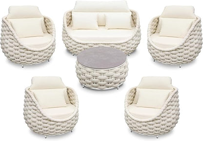 Erotr Sunroom Furniture Sets: 6 Pieces Aluminum Woven Rope Patio Conversation Sofa Set Cushioned - Modern Outdoor Couch Set No Assembly - Armchair Set Porch Deck Garden Poolside Gazebo Hotel - Beige