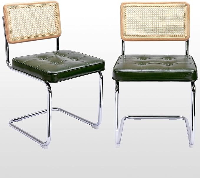 Zesthouse Natural Rattan Dining Chairs Set of 2, Modern Dining Room Chairs with Solid Wood Back for Kitchen Living Room, Mid Century Breuer Design Inspired, Upholstered Faux Leather Green
