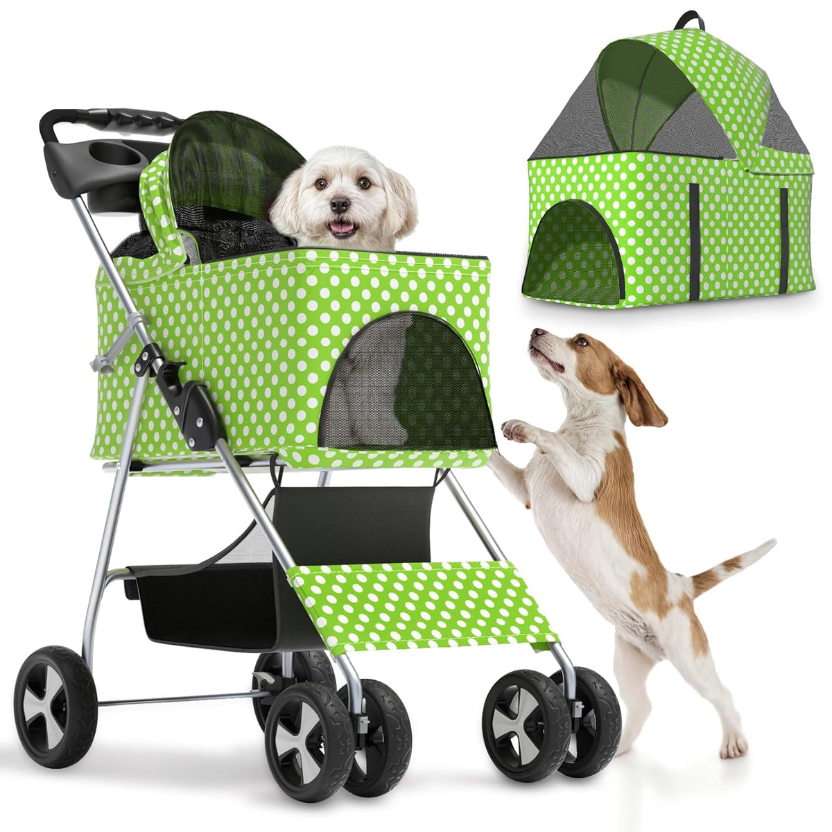 Magshion Foldable Pet Stroller, 3-in-1 Dog Travel Jogger with Detachable Carrier, Cup Holder, Storage Basket, Folding Carrier for Small/Medium Dogs & Cats Up to 33 lbs, Lawn Green Polka Dots