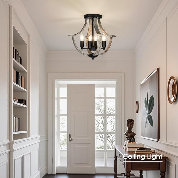 Farmhouse Chandelier, Modern Hanging Pendant Lighting, 4-Light Rustic Flush Mount Ceiling Light Fixture,Faux Wood Vintage Chandelier for Dining Room Kitchen Island Foyer Hallway Entryway Bedroom