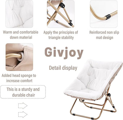 Givjoy Comfy Folded Chair with Ottoman, Oversized Folding Faux Fur Chair Soft Furry Lounge Lazy Chair with Metal Frame Moon Chair Accent Chair for Bedroom, Living Room, Dorm Rooms