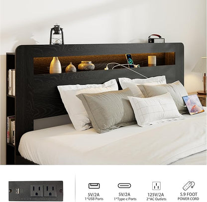 King Bed Frame with Headboard, Wooden Platform Bed Frame King Size with Bookcase Shelf, LED Lights, Charging Station, Heavy Duty Supports, No Box Spring Needed,Dark Black