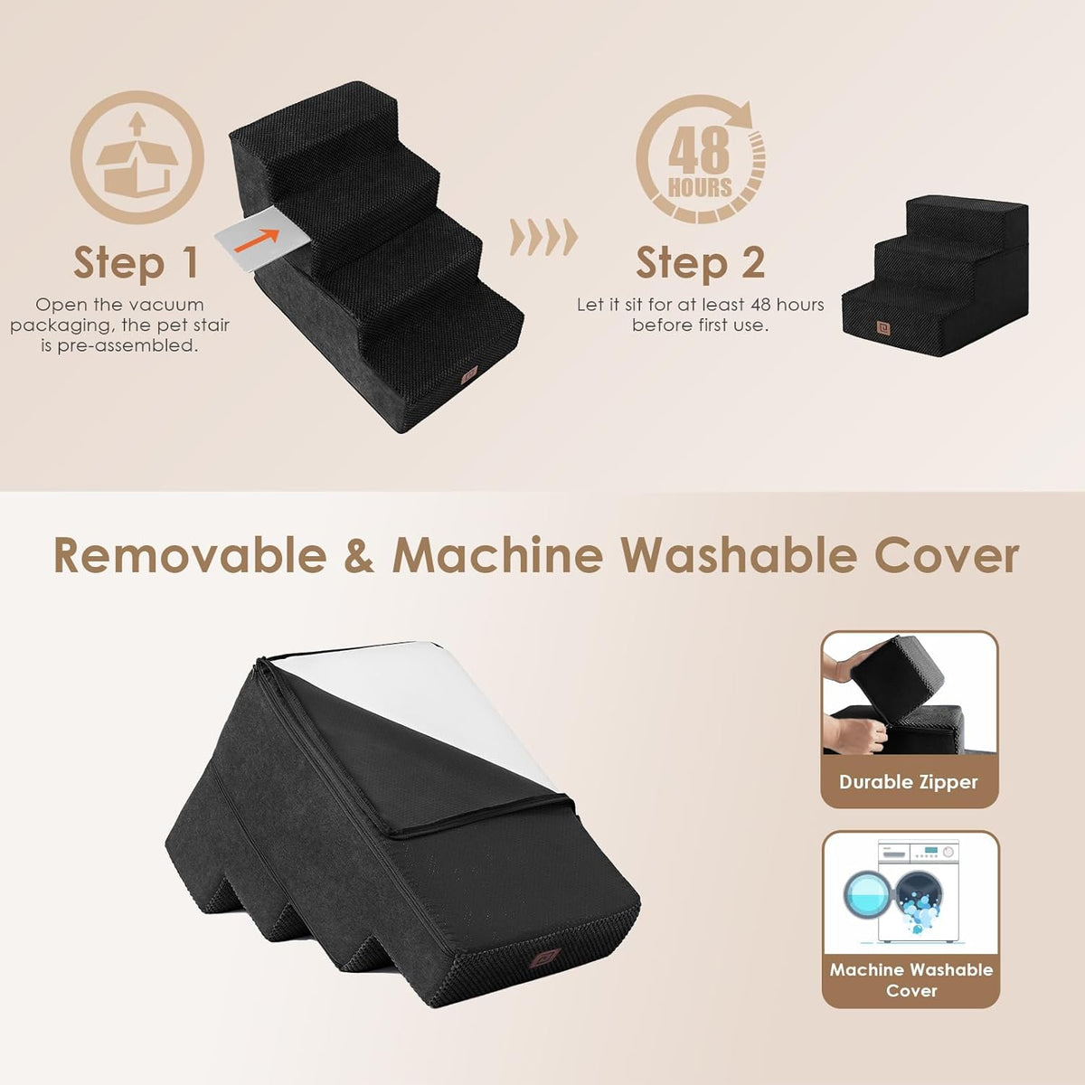EHEYCIGA Dog Stairs for Small Dogs 13.5" H, 3-Step Dog Steps for Couch Sofa and Chair, Pet Steps for Medium Cats, Non-Slip Balanced Pet Ramp Indoor, Black