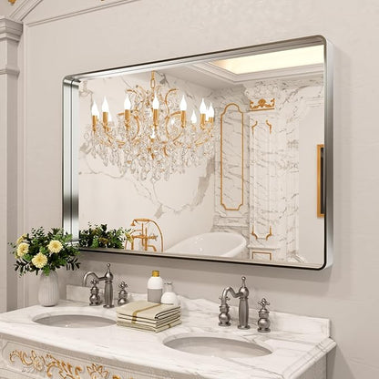 LOAAO 50X30 Inch Brushed Nickel Bathroom Mirror, Rounded Rectangle Silver Metal