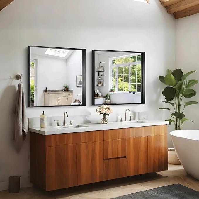 CIRCUMI Black Bathroom Mirror, Brushed Finish, Tempered Glass, Square Mirror