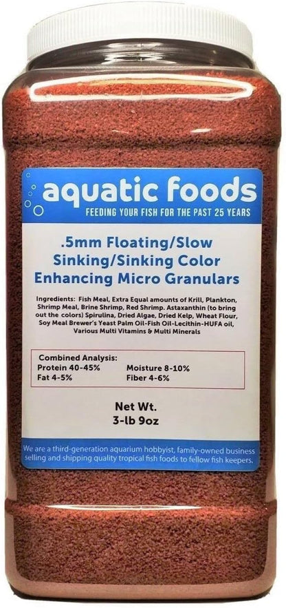 Aquatic Foods Inc. .5mm Floating/Slow Sinking/Sinking Color Enhancing Micro Granules for Discus, Cichlids All Tropicals, Koi and Pond Fish…3-lb & 9oz Lg Jar