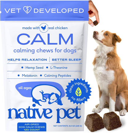 Native Pet Calming Chews for Dogs - Melatonin for Dogs Anxiety Relief - Grain Free All Natural Hemp Calming Treats & L-Theanine Helps Manage Stress & Separation Anxiety - Puppy Sleep Aid - 120 Chews