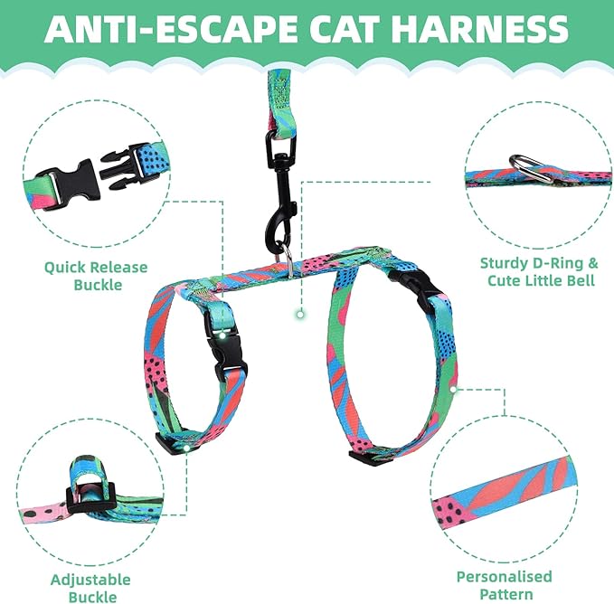 PAWCHIE Cat Harness and Leash Set, Cats Escape Proof-Adjustable Kitten Harness Lightweight Soft Outdoor Walking Travel Pet Safe Harness, Puppy Harness for Girl Cats Bunny Rabbit Small Dog, Green M