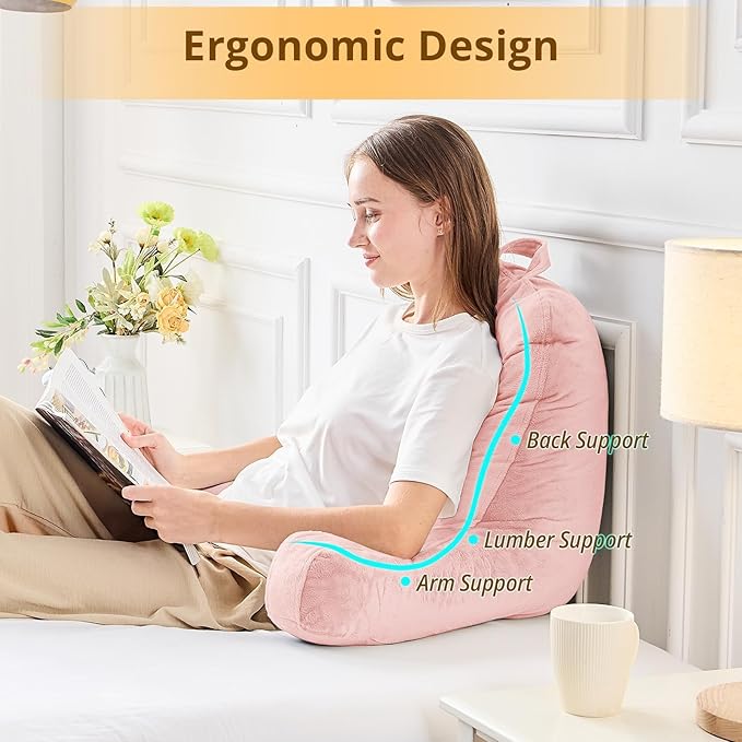 Sasttie Reading Pillow, Velvet Back Pillow for Bed Sitting Up, Adult Back-Rest Support Cushion with Arms for Sit Up on Couch, Sofa, and Floor, Dorm Essentials, Reading Accessories, Peach
