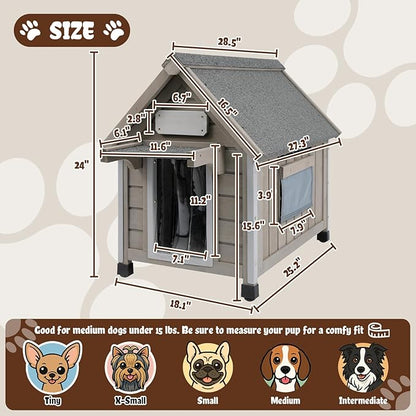 Wooden Outdoor Dog House for Small Dogs, Weatherproof Pet Shelter with Reinforced Frame, Ventilated Window, PVC Door Flap, and Nameplate,18" L x 25" W x 24" H