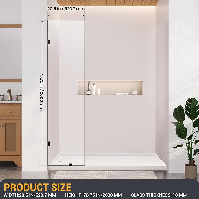 Bathroom Shower Glass Door 20.5" W×78.75" H, 3/8" Thick Clear Tempered Glass