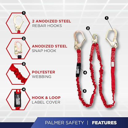Fall Protection Hammerhead Kit I 5pt Safety Harness, 6' Double Leg Lanyard, 18" D-Ring Extender (Red - 2XLG)